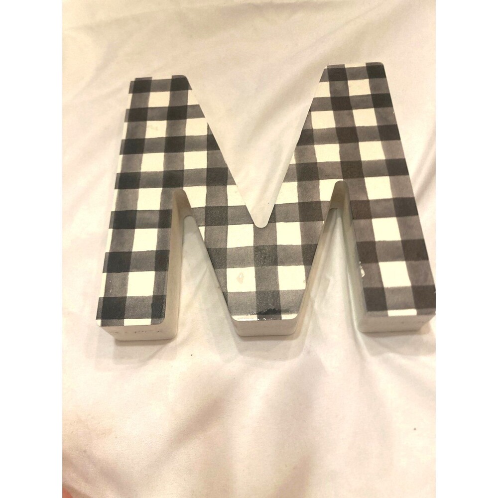 Farmhouse Black and White Buffalo Plaid Wooden Monogram Letter M Wall Decor
